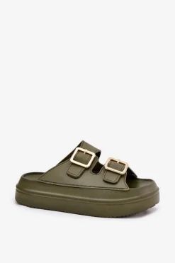 Outlet Boto Klapki Damskie Na Platformie Ze Złotymi Klamrami Zielone Zorila