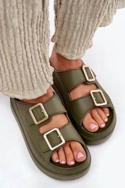 Outlet Boto Klapki Damskie Na Platformie Ze Złotymi Klamrami Zielone Zorila