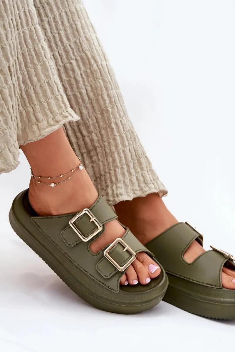 Outlet Boto Klapki Damskie Na Platformie Ze Złotymi Klamrami Zielone Zorila