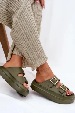 Outlet Boto Klapki Damskie Na Platformie Ze Złotymi Klamrami Zielone Zorila