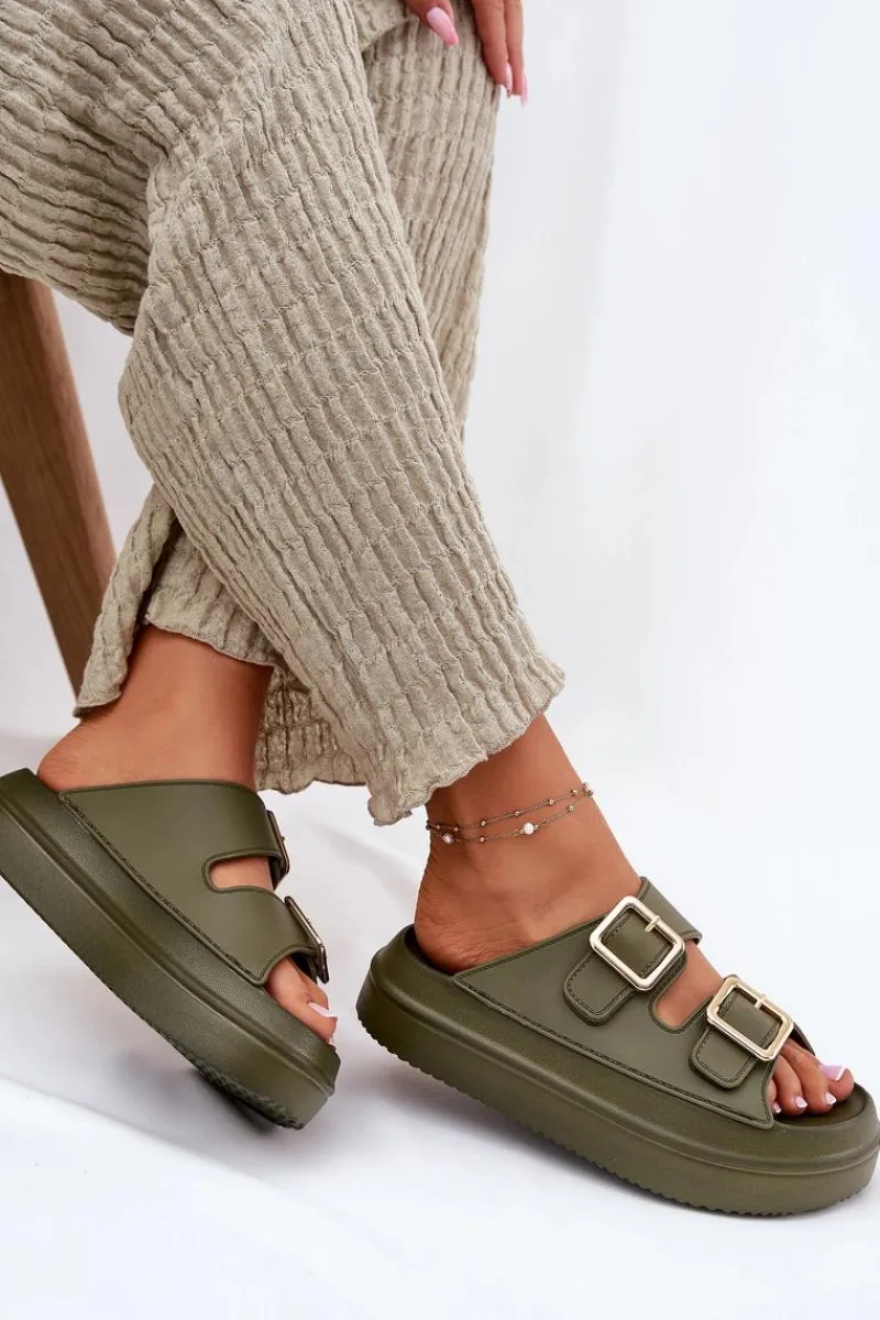 Outlet Boto Klapki Damskie Na Platformie Ze Złotymi Klamrami Zielone Zorila