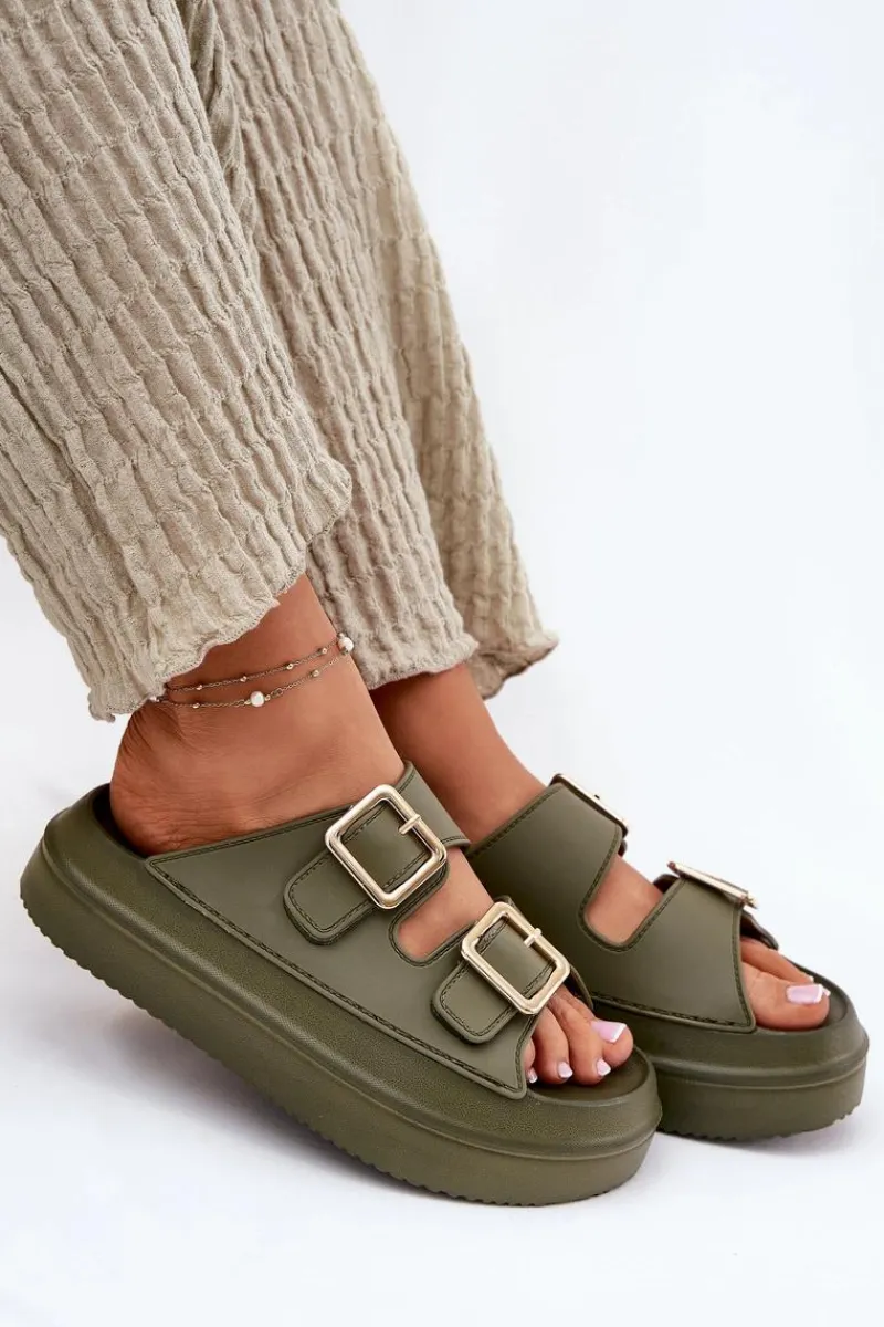 Outlet Boto Klapki Damskie Na Platformie Ze Złotymi Klamrami Zielone Zorila