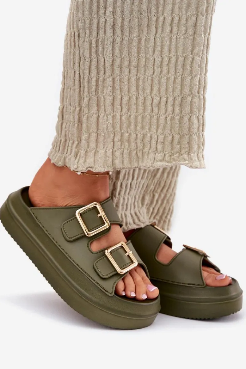 Outlet Boto Klapki Damskie Na Platformie Ze Złotymi Klamrami Zielone Zorila