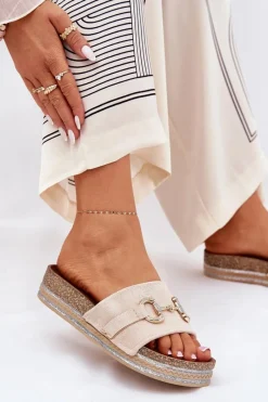 Klapki Korkowe|Klapki Na Platformie>Boto Klapki Damskie Na Platformie Ze Złotą Ozdobą I Brokatem Beżowe Morisela Beżowy