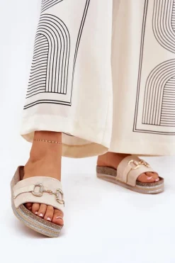 Klapki Korkowe|Klapki Na Platformie>Boto Klapki Damskie Na Platformie Ze Złotą Ozdobą I Brokatem Beżowe Morisela Beżowy