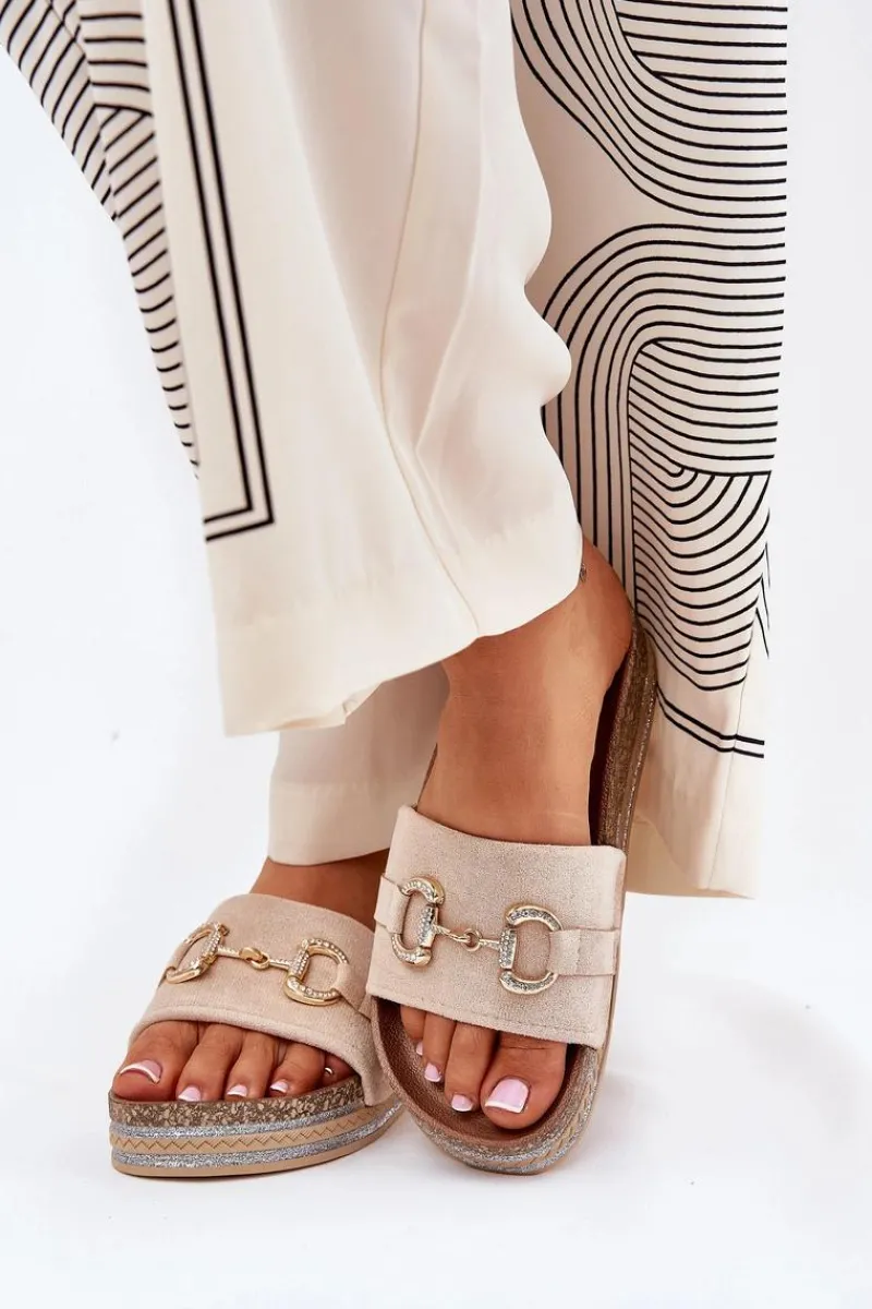 Klapki Korkowe|Klapki Na Platformie>Boto Klapki Damskie Na Platformie Ze Złotą Ozdobą I Brokatem Beżowe Morisela Beżowy