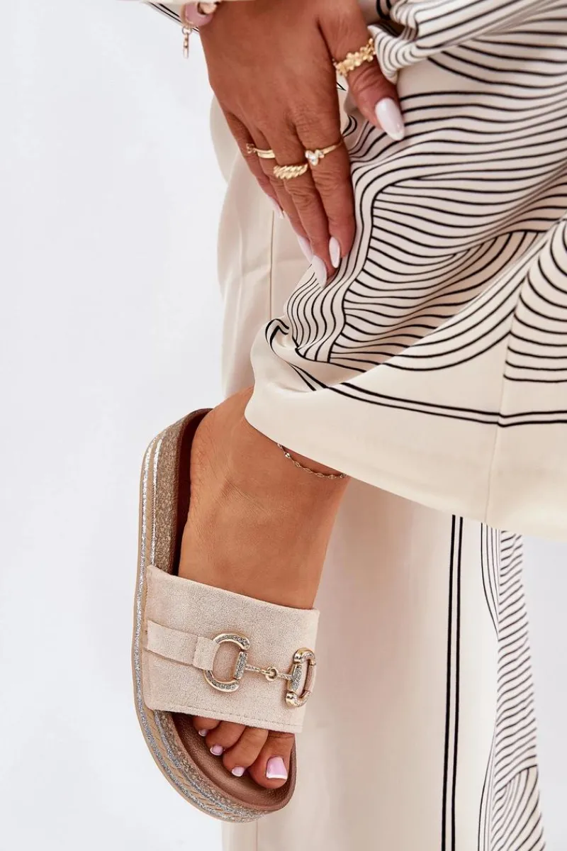 Klapki Korkowe|Klapki Na Platformie>Boto Klapki Damskie Na Platformie Ze Złotą Ozdobą I Brokatem Beżowe Morisela Beżowy