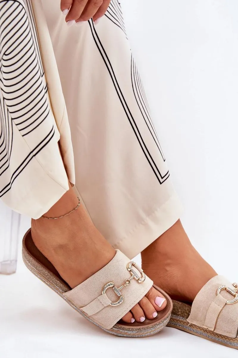 Klapki Korkowe|Klapki Na Platformie>Boto Klapki Damskie Na Platformie Ze Złotą Ozdobą I Brokatem Beżowe Morisela Beżowy