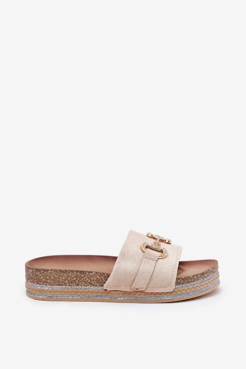 Klapki Korkowe|Klapki Na Platformie>Boto Klapki Damskie Na Platformie Ze Złotą Ozdobą I Brokatem Beżowe Morisela Beżowy