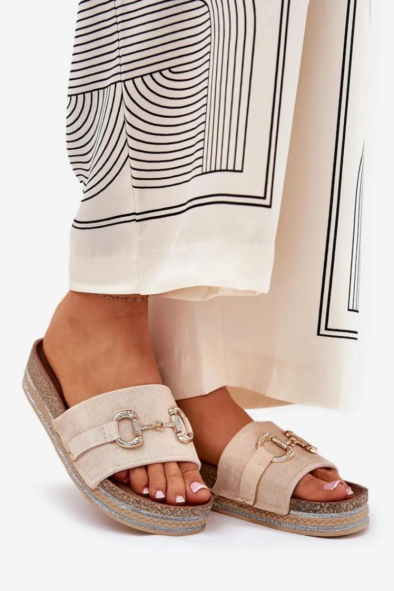 Klapki Korkowe|Klapki Na Platformie>Boto Klapki Damskie Na Platformie Ze Złotą Ozdobą I Brokatem Beżowe Morisela Beżowy