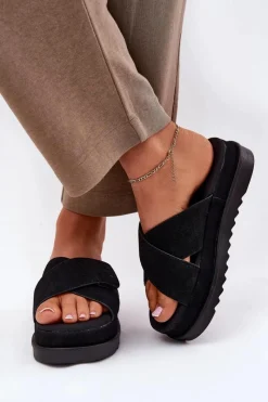 Best Boto Klapki Damskie Na Platformie Z Przeplatającymi Się Paskami Czarne Rinasara Czarny