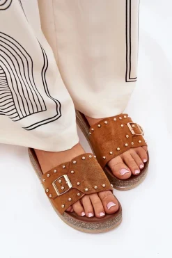 Clearance Boto Klapki Damskie Na Platformie Z Klamrą I Ćwiekami Camel Nusithia Brązowy