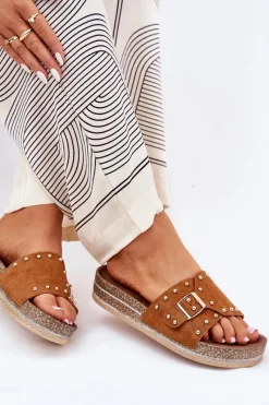 Clearance Boto Klapki Damskie Na Platformie Z Klamrą I Ćwiekami Camel Nusithia Brązowy