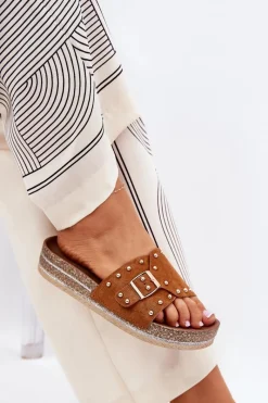 Clearance Boto Klapki Damskie Na Platformie Z Klamrą I Ćwiekami Camel Nusithia Brązowy