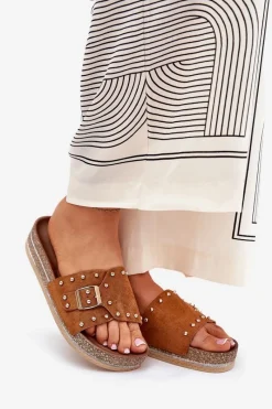 Clearance Boto Klapki Damskie Na Platformie Z Klamrą I Ćwiekami Camel Nusithia Brązowy