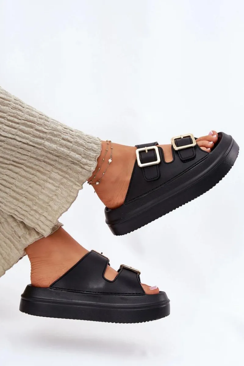 Klapki Na Platformie|Klapki Damskie Klasyczne>Boto Klapki Damskie Na Platformie Ze Złotymi Klamrami Czarne Zorila