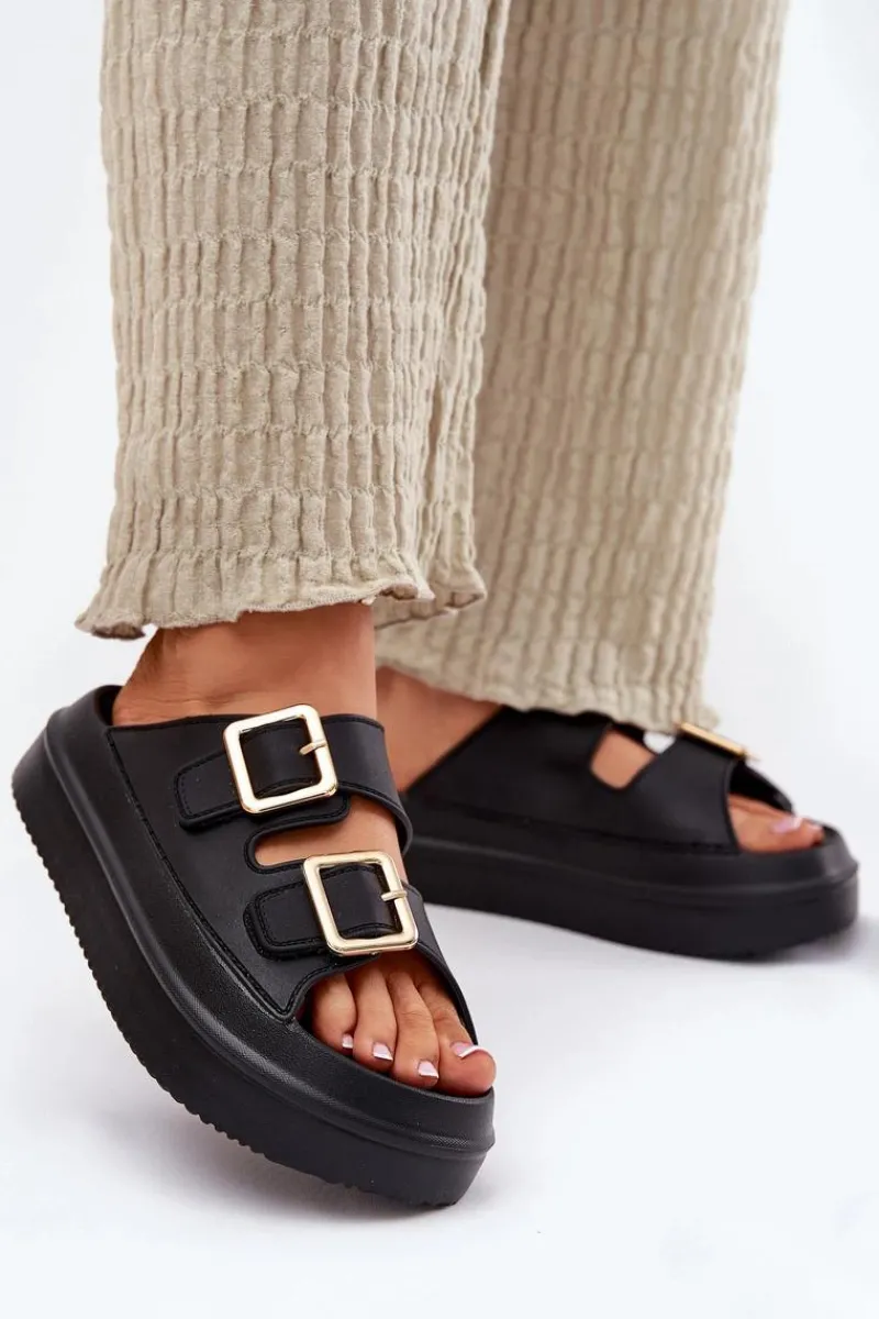 Klapki Na Platformie|Klapki Damskie Klasyczne>Boto Klapki Damskie Na Platformie Ze Złotymi Klamrami Czarne Zorila