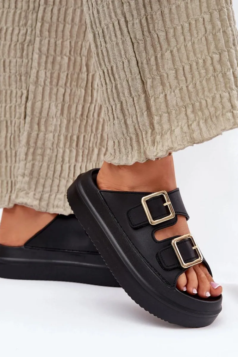 Klapki Na Platformie|Klapki Damskie Klasyczne>Boto Klapki Damskie Na Platformie Ze Złotymi Klamrami Czarne Zorila