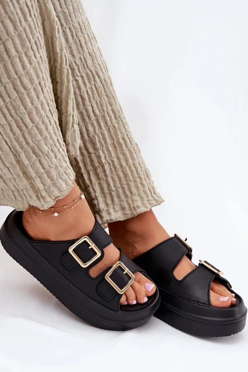 Klapki Na Platformie|Klapki Damskie Klasyczne>Boto Klapki Damskie Na Platformie Ze Złotymi Klamrami Czarne Zorila