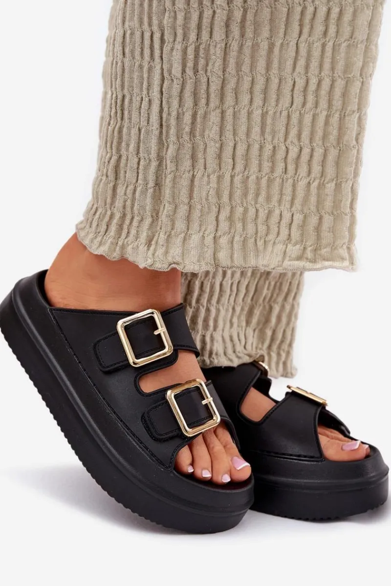 Klapki Na Platformie|Klapki Damskie Klasyczne>Boto Klapki Damskie Na Platformie Ze Złotymi Klamrami Czarne Zorila