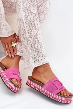 Hot Klapki Damskie Na Platformie Z Ozdobą Fuksja Daphira Damskie Klapki Na Platformie|Klapki Damskie Klasyczne