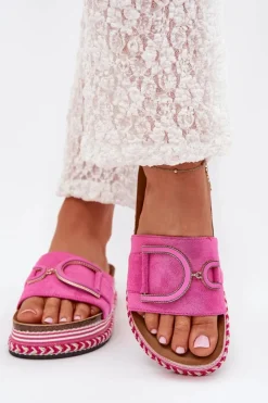 Hot Klapki Damskie Na Platformie Z Ozdobą Fuksja Daphira Damskie Klapki Na Platformie|Klapki Damskie Klasyczne