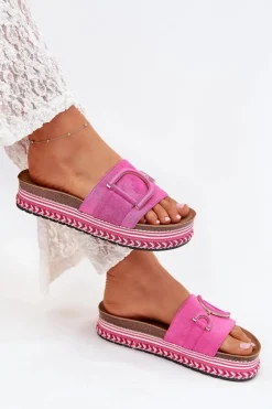 Hot Klapki Damskie Na Platformie Z Ozdobą Fuksja Daphira Damskie Klapki Na Platformie|Klapki Damskie Klasyczne