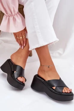 Discount Klapki Damskie Na Platformie I Koturnie Czarne Nelithraea Damskie Klapki Na Koturnie|Klapki Na Platformie