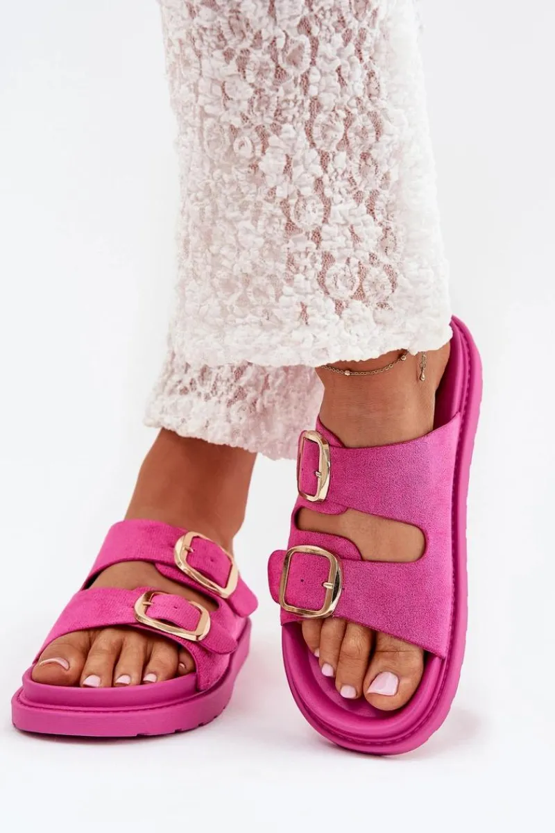 Sale Boto Klapki Damskie Na Platformie Ze Złotymi Klamrami Fuksja Verena
