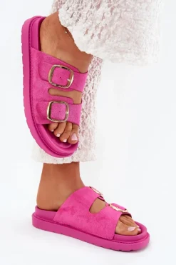 Sale Boto Klapki Damskie Na Platformie Ze Złotymi Klamrami Fuksja Verena