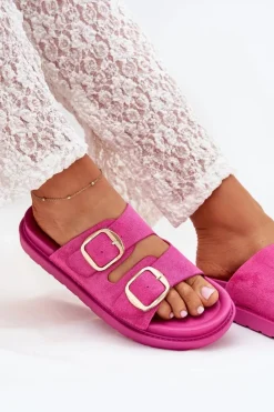 Sale Boto Klapki Damskie Na Platformie Ze Złotymi Klamrami Fuksja Verena