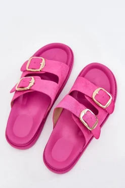 Sale Boto Klapki Damskie Na Platformie Ze Złotymi Klamrami Fuksja Verena