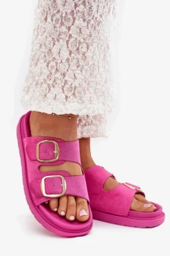 Sale Boto Klapki Damskie Na Platformie Ze Złotymi Klamrami Fuksja Verena