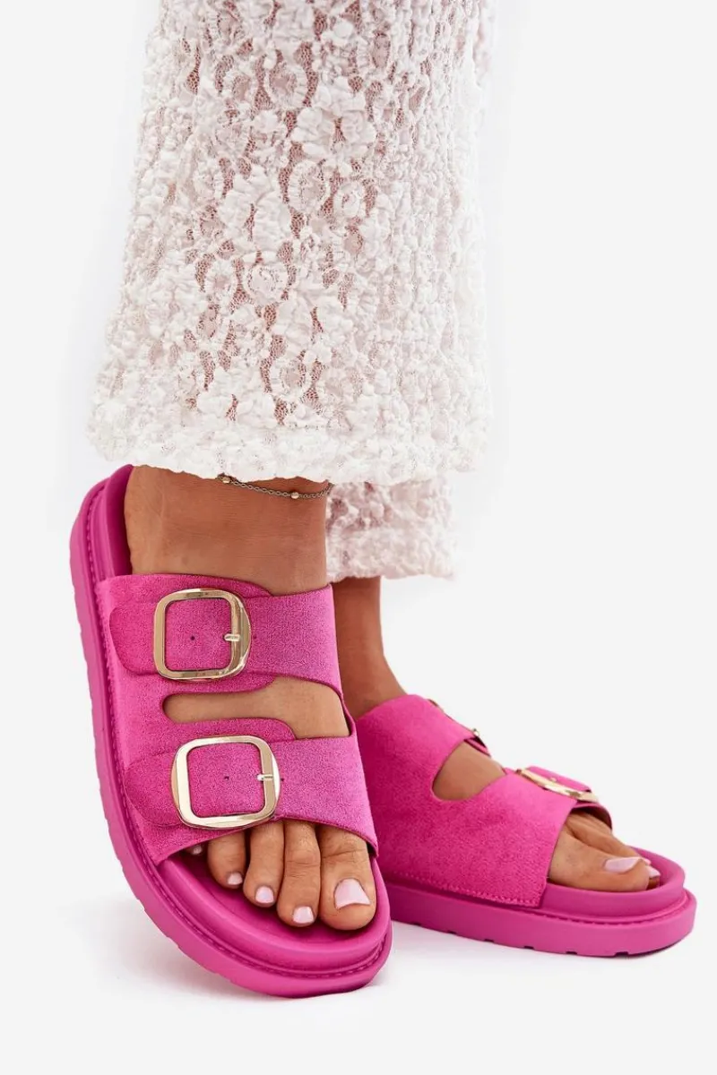 Sale Boto Klapki Damskie Na Platformie Ze Złotymi Klamrami Fuksja Verena