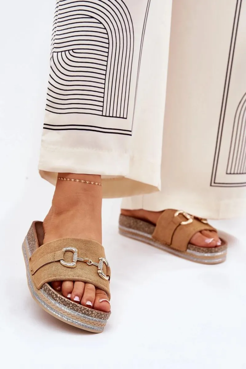 Clearance Klapki Damskie Na Platformie Ze Złotą Ozdobą I Brokatem Camel Morisela Damskie Klapki Korkowe|Klapki Na Platformie