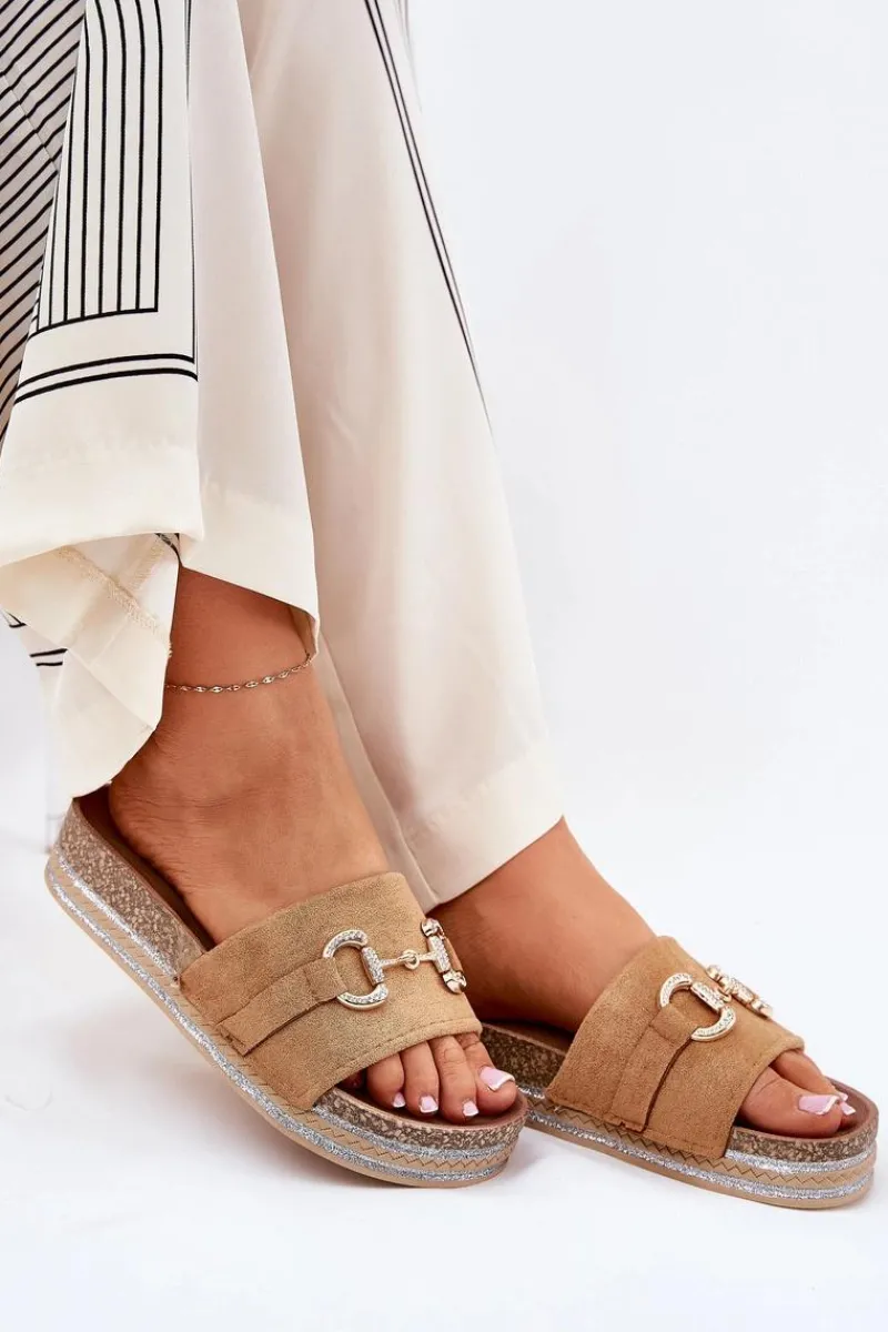 Clearance Klapki Damskie Na Platformie Ze Złotą Ozdobą I Brokatem Camel Morisela Damskie Klapki Korkowe|Klapki Na Platformie