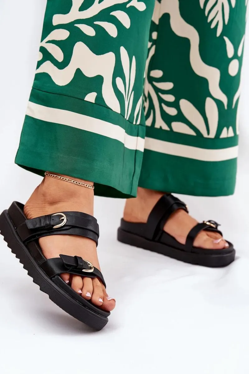 Klapki Na Platformie|Klapki Damskie Klasyczne>Boto Klapki Damskie Na Platformie Ze Złotymi Klamrami Czarne Wernone Czarny