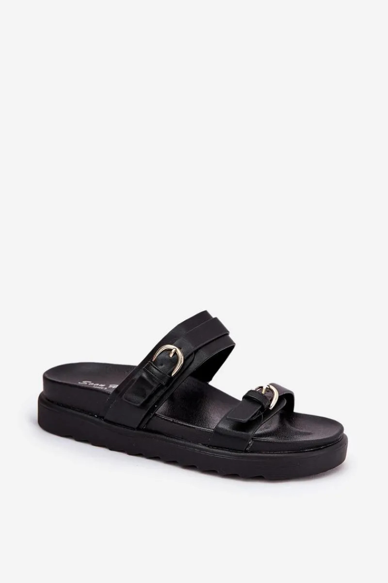 Klapki Na Platformie|Klapki Damskie Klasyczne>Boto Klapki Damskie Na Platformie Ze Złotymi Klamrami Czarne Wernone Czarny