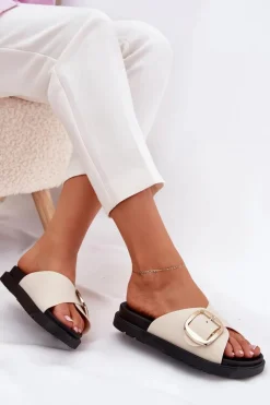 Clearance Boto Klapki Damskie Na Platformie Ze Złotą Klamrą Beżowe Jovira Beżowy