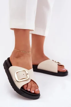 Clearance Boto Klapki Damskie Na Platformie Ze Złotą Klamrą Beżowe Jovira Beżowy