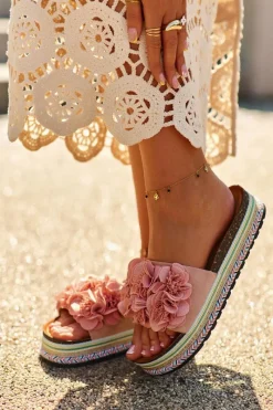 Klapki Korkowe|Klapki Damskie Klasyczne>Boto Klapki Damskie Na Platformie Ozdobione Kwiatkami Różowe Nodina