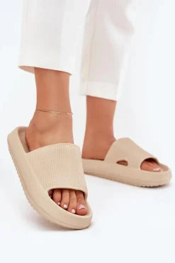 Sale Klapki Damskie Na Platformie Z Wycięciem Beżowe Ameira Damskie Klapki Basenowe|Klapki Na Platformie