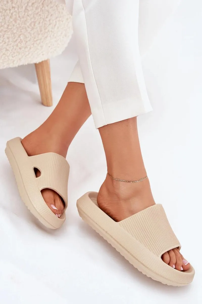 Sale Klapki Damskie Na Platformie Z Wycięciem Beżowe Ameira Damskie Klapki Basenowe|Klapki Na Platformie