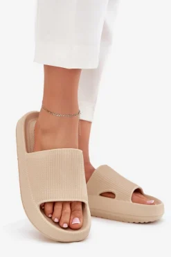 Sale Klapki Damskie Na Platformie Z Wycięciem Beżowe Ameira Damskie Klapki Basenowe|Klapki Na Platformie