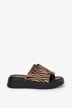 Outlet Boto Klapki Damskie Na Platformie I Niskim Koturnie Z Ozdobnym Detalem Zebra Czarno-Beżowe Saqesse