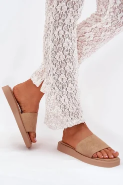 Online Klapki Damskie Na Platformie Z Eko Zamszu Ciemnobeżowe Jorina Damskie Klapki Na Platformie|Klapki Damskie Klasyczne