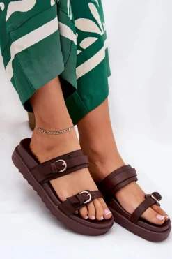 Boto Klapki Damskie Na Platformie Ze Złotymi Klamrami Brązowe Wernone