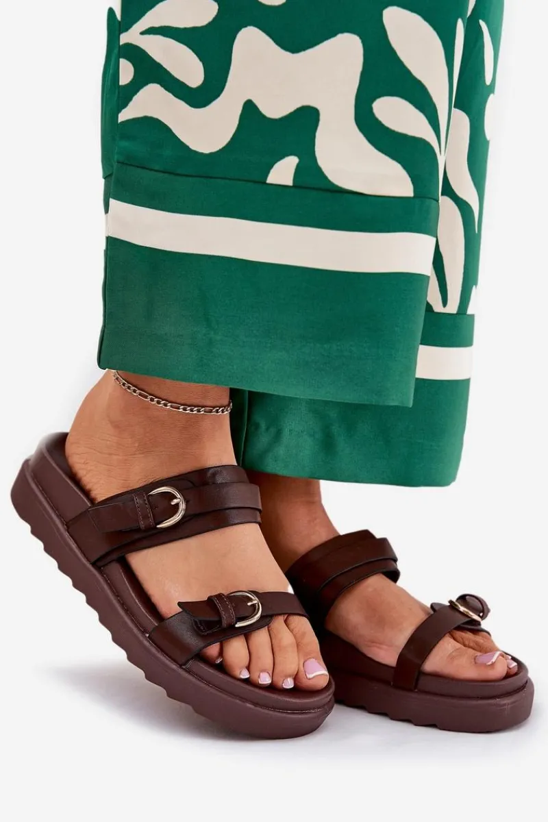 Boto Klapki Damskie Na Platformie Ze Złotymi Klamrami Brązowe Wernone