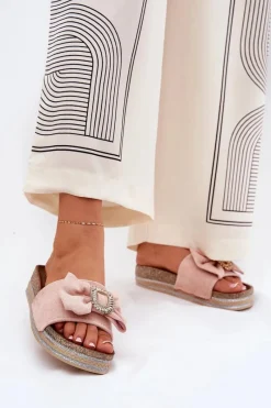 Clearance Klapki Damskie Na Platformie Z Kokardką I Ozdobną Broszką Różowe Lenela Damskie Klapki Korkowe|Klapki Na Platformie