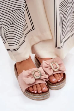 Clearance Klapki Damskie Na Platformie Z Kokardką I Ozdobną Broszką Różowe Lenela Damskie Klapki Korkowe|Klapki Na Platformie